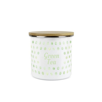 Purely Home Green Polka Dots Green Tea Storage CanisterSpotty Dotty Green And White Metal Enamel Medium Sized Food Storage Container from B&Q