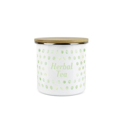 Purely Home Green Polka Dots Herbal Tea Storage CanisterSpotty Dotty Green And White Metal Enamel Medium Sized Food Storage Container from B&Q