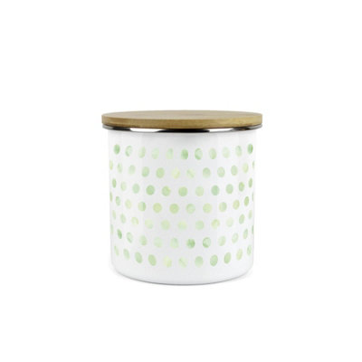 Purely Home Green Polka Dots Storage Canister - Spotty Dotty Green And White Metal Enamel Medium Sized Food Storage Container