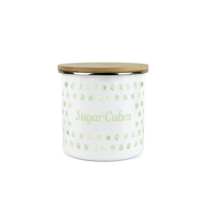 Purely Home Green Polka Dots Sugar Cubes Storage CanisterSpotty Dotty Green And White Metal Enamel Medium Sized Food Storage Container from B&Q