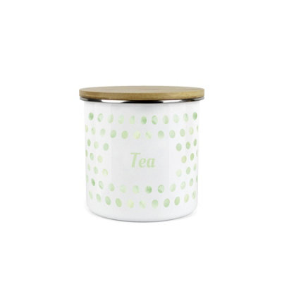 Purely Home Green Polka Dots Tea Storage CanisterSpotty Dotty Green And White Metal Enamel Medium Sized Food Storage Container from B&Q