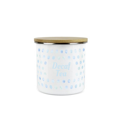 Purely Home Aqua Blue Polka Dots Decaf Tea Storage Canister - Spotty Dotty Light Blue & White Metal Enamel Medium Sized Food Storage Container