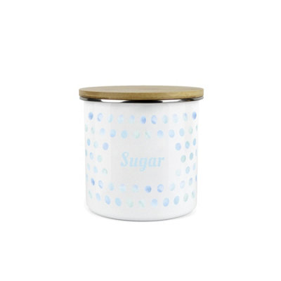 Purely Home Aqua Blue Polka Dots Sugar Storage CanisterSpotty Dotty Light Blue And White Metal Enamel Medium Sized Food Storage Container from B&Q