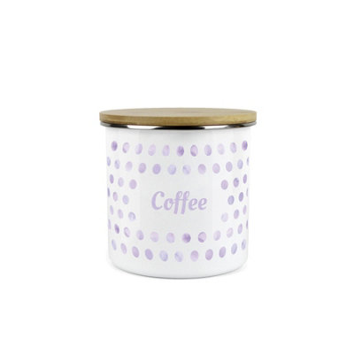 Purely Home Lilac Purple Polka Dots Coffee Storage CanisterSpotty Dotty Purple And White Metal Enamel Medium Sized Food Storage Container from B&Q