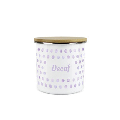 B&Q -  Lilac Purple Polka Dots Decaf Storage CanisterSpotty Dotty Purple And White Metal Enamel Medium Sized Food Storage Container