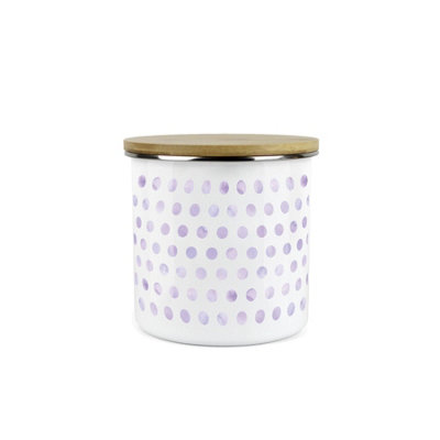 Purely Home Lilac Purple Polka Dots Storage CanisterSpotty Dotty Purple And White Metal Enamel Medium Sized Food Storage Container from B&Q