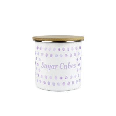 Purely Home Lilac Purple Polka Dots Sugar Cubes Storage CanisterSpotty Dotty Purple And White Metal Medium Sized Food Storage Container from B&Q