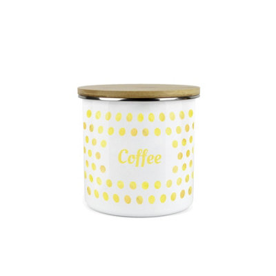 Purely Home Yellow Purple Polka Dots Coffee Storage CanisterSpotty Dotty Yellow And White Metal Enamel Medium Sized Food Storage Container from B&Q