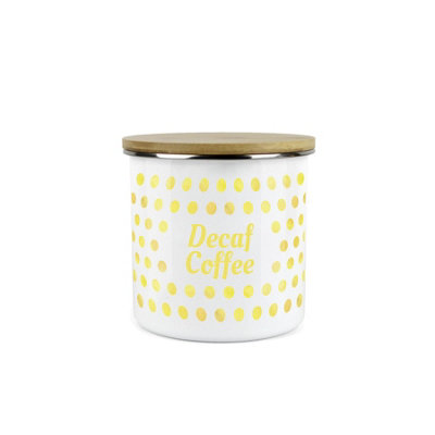 Purely Home Yellow Purple Polka Dots Decaf Coffee Storage CanisterSpotty Dotty Yellow And White Metal Medium Sized Food Storage Container from B&Q