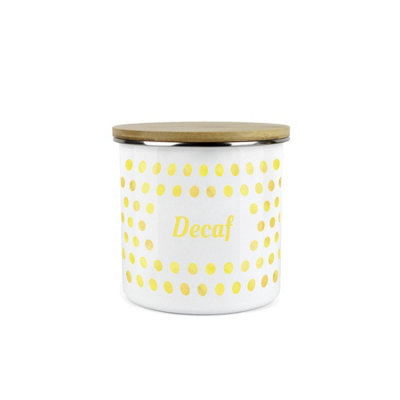 Purely Home Yellow Purple Polka Dots Decaf Storage CanisterSpotty Dotty Yellow And White Metal Enamel Medium Sized Food Storage Container from B&Q