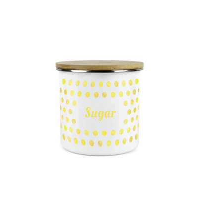 Purely Home Yellow Purple Polka Dots Sugar Storage CanisterSpotty Dotty Yellow And White Metal Enamel Medium Sized Food Storage Container from B&Q