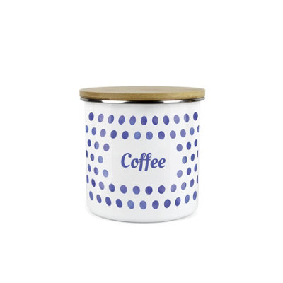 Purely Home Indigo Blue Polka Dots Coffee Storage CanisterSpotty Dotty Dark Blue And White Metal Enamel Medium Sized Food Storage Container from B&Q