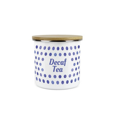 Purely Home Indigo Blue Polka Dots Decaf Tea Storage CanisterSpotty Dotty Dark Blue And White Metal Medium Sized Food Storage Container from B&Q