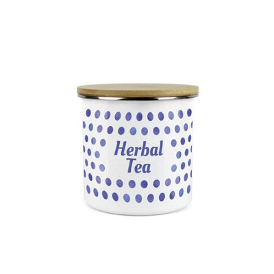 Purely Home Indigo Blue Polka Dots Herbal Tea Storage CanisterSpotty Dotty Dark Blue And White Metal Medium Sized Food Storage Container from B&Q