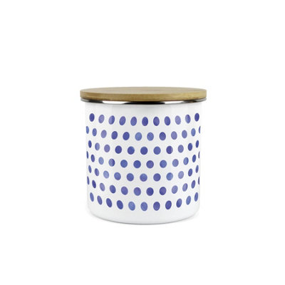 Purely Home Indigo Blue Polka Dots Storage CanisterSpotty Dotty Dark Blue And White Metal Enamel Medium Sized Food Storage Container from B&Q