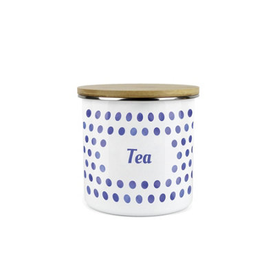 Purely Home Indigo Blue Polka Dots Tea Storage CanisterSpotty Dotty Dark Blue And White Metal Enamel Medium Sized Food Storage Container from B&Q
