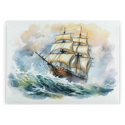 Purely Home Sailing Ship Rectangular Large Glass Worktop Protector - Kitchen Chopping Board - Blue - Image 3