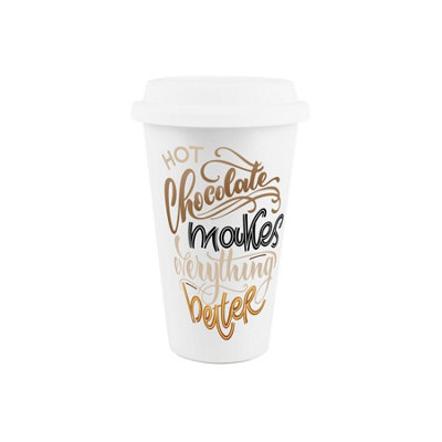 Purely Home Reusable Ceramic Travel MugHot Chocolate Makes Everything BetterSilicone Lid Double-Walled Insulated Hot/cold Drinks Gift from B&Q