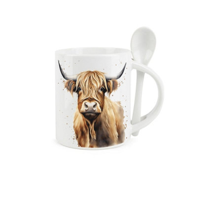 Purely Home Highland Cow Mug & Spoon SetCeramic Tea Coffee Hot Chocolate Gift/present from B&Q