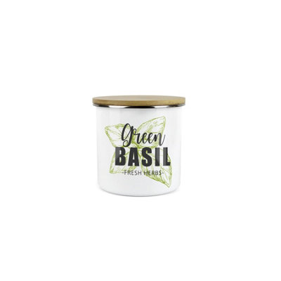 B&Q -  Basil Herb JarMini Storage CanisterCooking Green Herbs Metal Enamel Food Storage Container