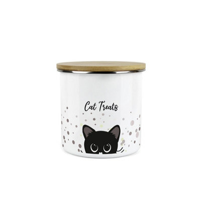 B&Q -  Cat Treats Storage CanisterPeeping Black Cat Metal Enamel Medium Storage Container Pet Treats Tin