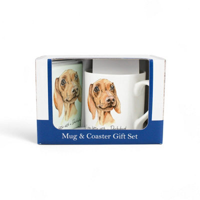 B&Q -  Dachshund Mug & Coaster Gift SetLifes Better With A DachshundBone China Mug And Glass Coaster SetPresent For Dog Lovers