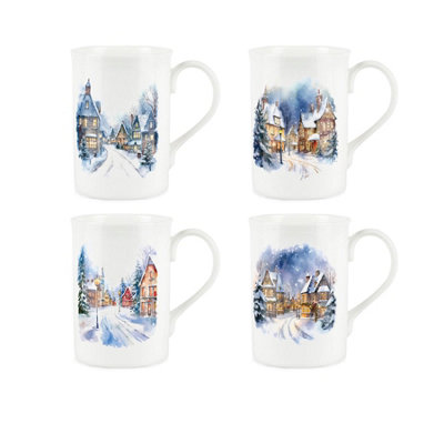 Purely Home Watercolour Christmas Town Bone China MugsSet Of 4 from B&Q