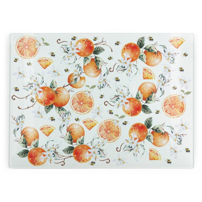 Purely Home Tangerines Glass Chopping BoardFruits & Bees Rectangular Worktop Protector from B&Q