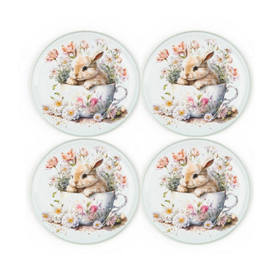 Purely Home Bunny Rabbit Coaster SetRound Glass Teacup Floral Bunny Design GiftSet Of Four (4) Drinks Coasters from B&Q