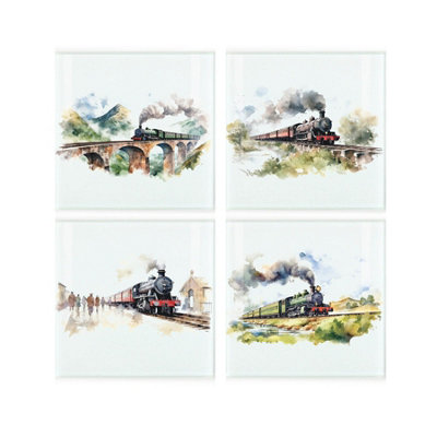 Purely Home Great British Uk Steam Trains Coaster SetSquare Glass Painted Scene DesignSet Of Four (4) Coasters from B&Q
