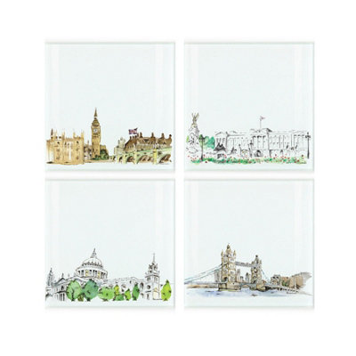 Purely Home London Landmarks Coaster SetSquare Glass Painted Scene DesignSet Of Four (4) Coasters from B&Q