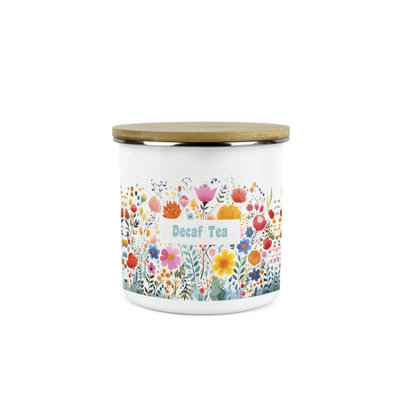 Purely Home Floral Meadow Decaf Tea Storage CanisterBright Floral White Metal Enamel Medium Sized Kitchen Food Storage Container from B&Q