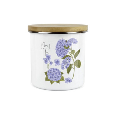 B&Q -  Hydrangea Flower Kitchen Decaf Tea Storage CanisterFloral Garden Plants Metal Enamel Hot Drinks Storage Container