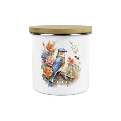 Purely Home Nuthatch Bird Kitchen Coffee Storage CanisterFloral Nature Animals Wildlife Metal Enamel Hot Drinks Storage Container from B&Q