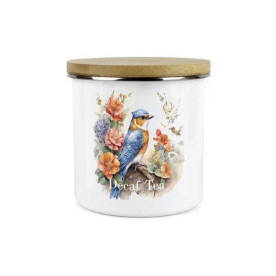 Purely Home Nuthatch Bird Kitchen Decaf Tea Storage CanisterFloral Nature Animals Wildlife Metal Enamel Hot Drinks Storage Container from B&Q