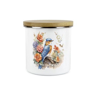 Purely Home Brown Nuthatch Bird Kitchen Sugar Storage Canister - Floral Nature Animals Wildlife Metal Enamel Hot Drinks Storage Container