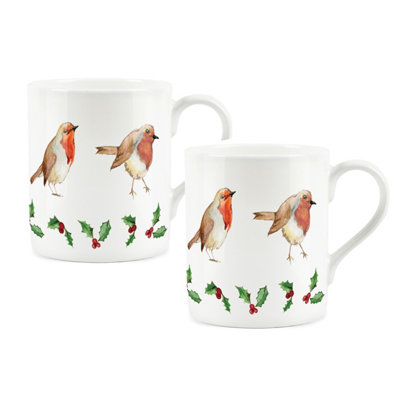 Purely Home Festive Christmas Robins & Holly Bone China MugsSet Of 2 from B&Q