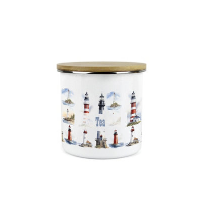 Purely Home Lighthouses Tea Storage CanisterCoastal Maritime White Metal Enamel Medium Sized Kitchen Food Storage Container from B&Q