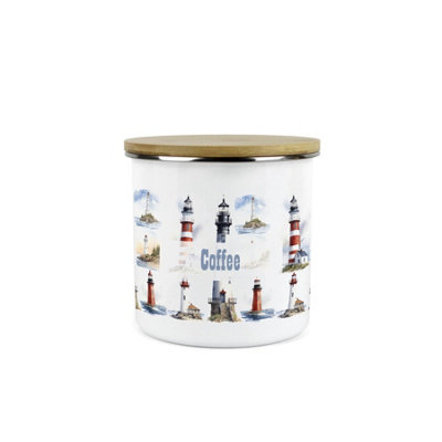 Purely Home Lighthouses Coffee Storage CanisterCoastal Maritime White Metal Enamel Medium Sized Kitchen Food Storage Container from B&Q