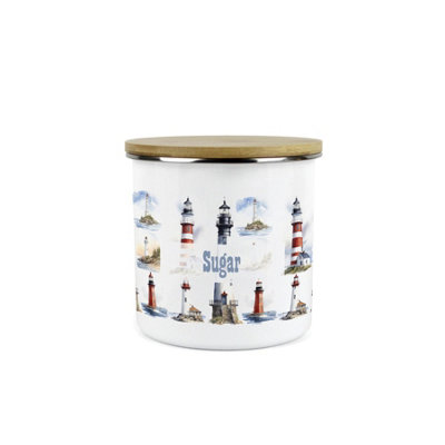 Purely Home Lighthouses Sugar Storage CanisterCoastal Maritime White Metal Enamel Medium Sized Kitchen Food Storage Container from B&Q