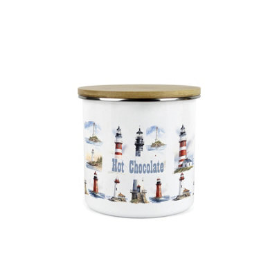 Purely Home Lighthouses Hot Chocolate Storage CanisterCoastal Maritime White Metal Enamel Medium Sized Kitchen Food Storage Container from B&Q