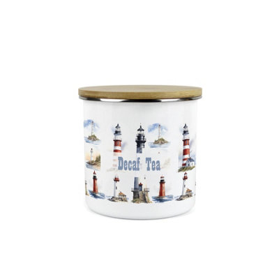 Purely Home Lighthouses Decaf Tea Storage CanisterCoastal Maritime White Metal Enamel Medium Sized Kitchen Food Storage Container from B&Q