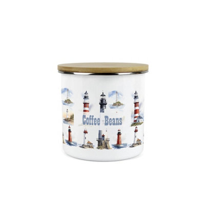 Purely Home Lighthouses Coffee Beans Storage CanisterCoastal Maritime White Metal Enamel Medium Sized Kitchen Food Storage Container from B&Q