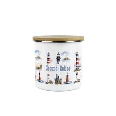 Purely Home Lighthouses Ground Coffee Storage CanisterCoastal Maritime White Metal Enamel Medium Sized Kitchen Food Storage Container from B&Q