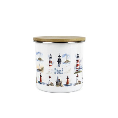 Purely Home Lighthouses Decaf Storage CanisterCoastal Maritime White Metal Enamel Medium Sized Kitchen Food Storage Container from B&Q