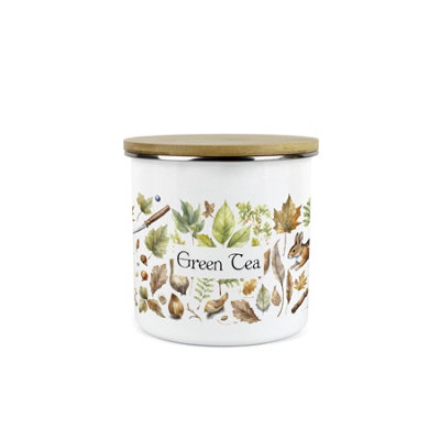 Purely Home Woodland Green Tea Storage CanisterNature Outdoor Leaves Enamel Medium Sized Kitchen Food Storage Container from B&Q
