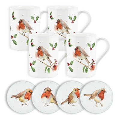 Purely Home Christmas Robins Bone China Mug & CoastersSet Of 4 from B&Q