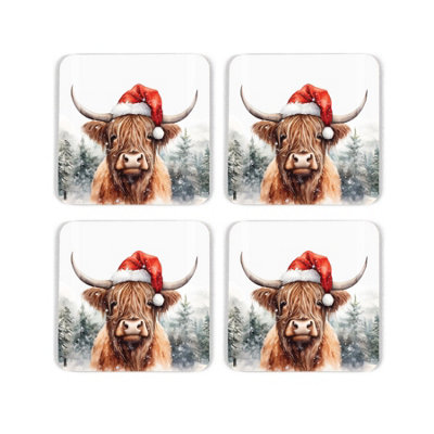 Purely Home Highland Cow Christmas Coaster SetFestive Cow Xmas PresentSet Of Four (4) Square Drinks Coasters from B&Q