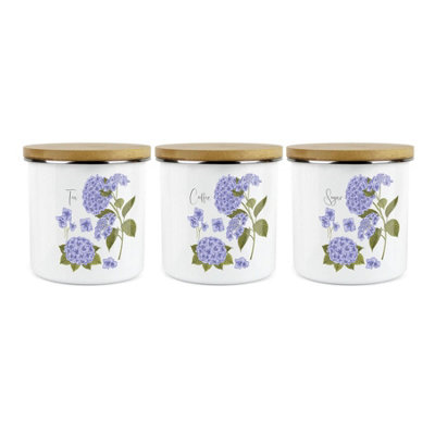 B&Q -  Hydrangea Flower TeaCoffee & Sugar Set Of 3Floral Garden Plants Metal Enamel Tea Coffee Sugar Hot Drinks Storage Container