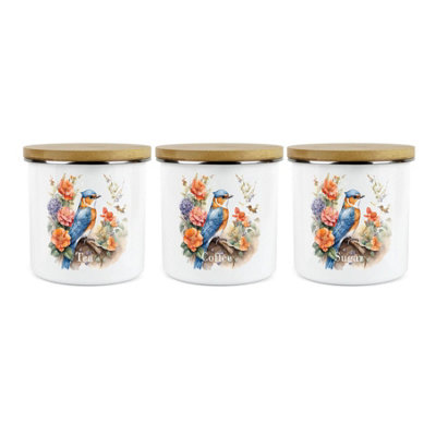 Purely Home Nuthatch Bird TeaCoffee & Sugar SetFloral Nature Animals Wildlife Metal Enamel Tea Coffee Sugar Hot Drinks Storage Container from B&Q
